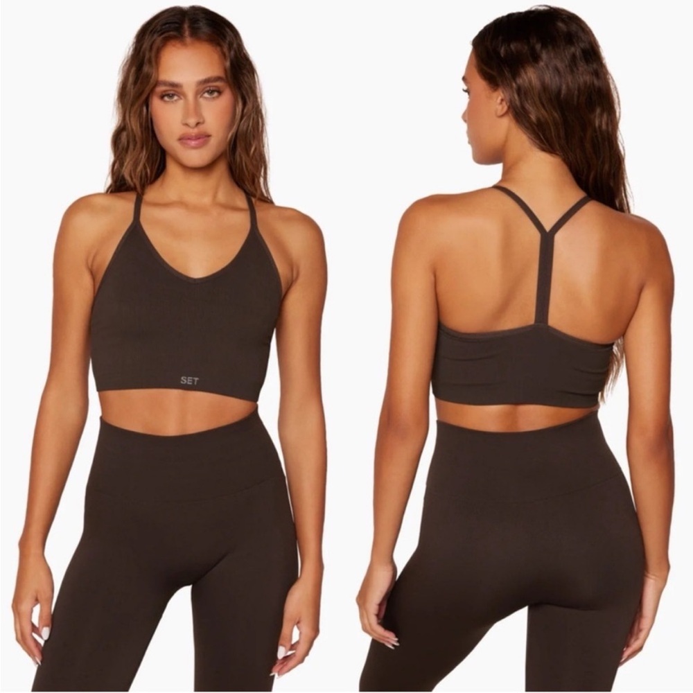 SET Active ScupltFlex Ribbed V Halter Tank + Leggings Set in Espresso Size M - Picture 3 of 15
